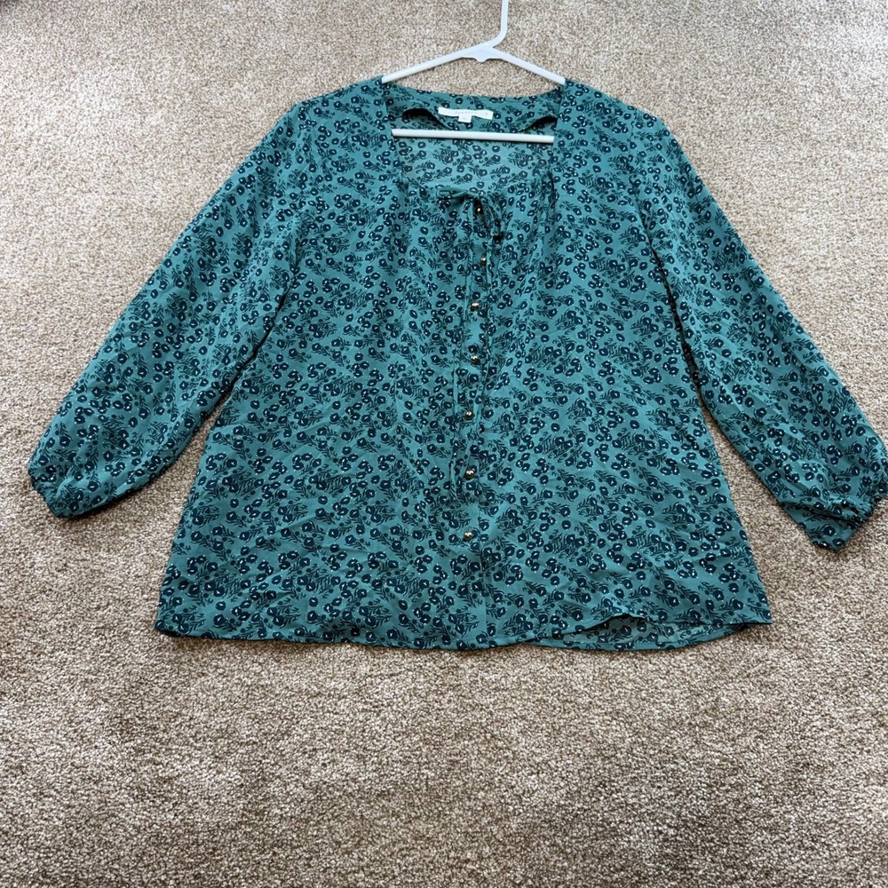 fun2fun Teal Floral Button Front Tie Neck Blouse Womens Small Boho Peasant Chic
